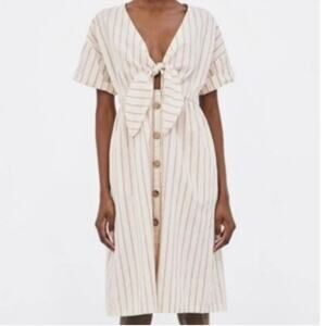 Zara White Stripe Linen Tie Knot Midi Beach Dress Size XS